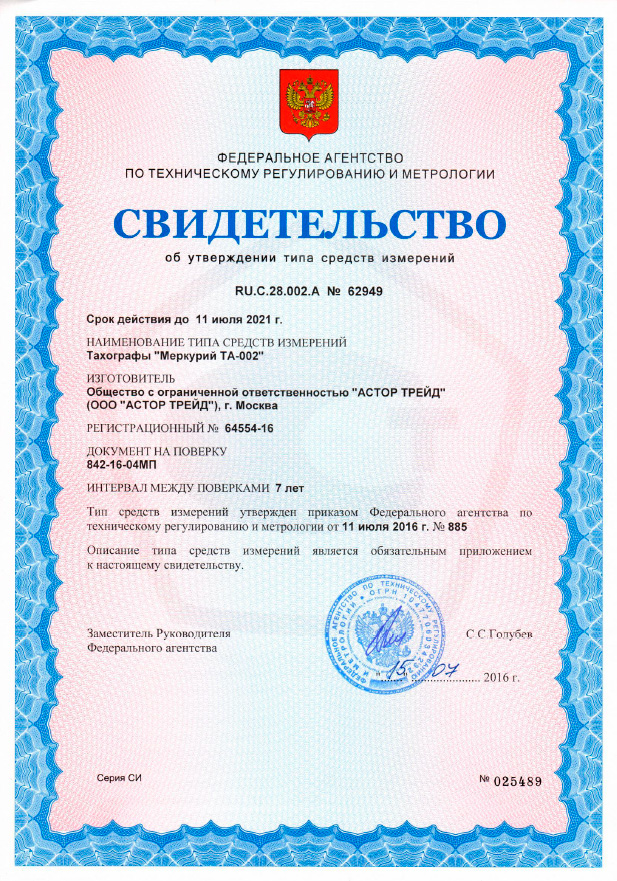 Сертификак о включении в Государственный реестр средств измерений